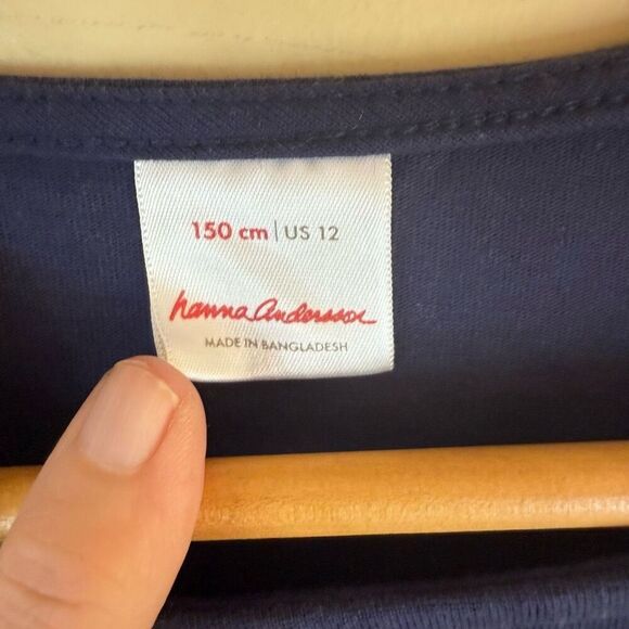 Hanna Andersson Girls Cotton Dress Navy Blue Pockets Decal Size 150CM or‎ US 12 - Picture 2 of 5